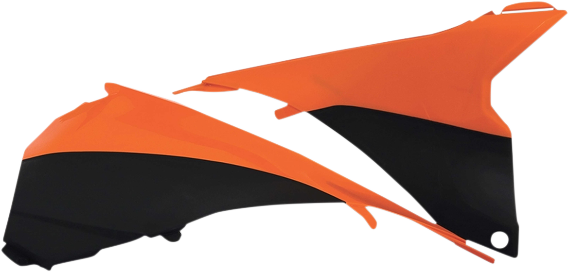 Acerbis orange and black airbox cover for motorcycle, showcasing the body parts with the brand's design and vibrant color scheme.