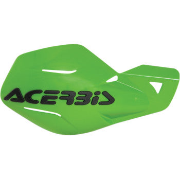 Acerbis Uniko green handguards for motorcycles, mounted on handlebars, with a durable body design for protection and style.