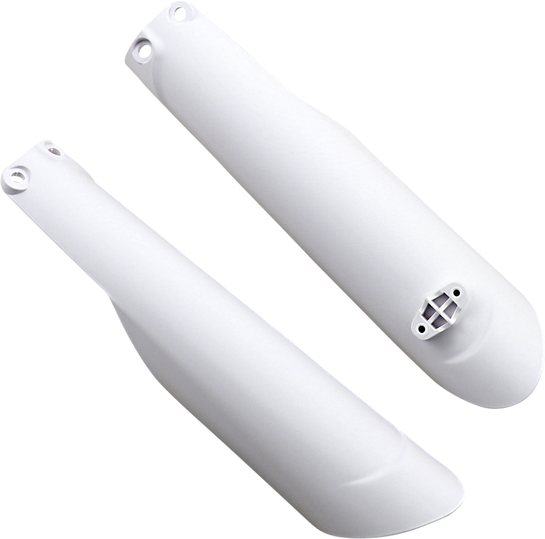 Acerbis white lower fork covers for inverted motorcycle forks, designed for durable protection and a sleek finish.