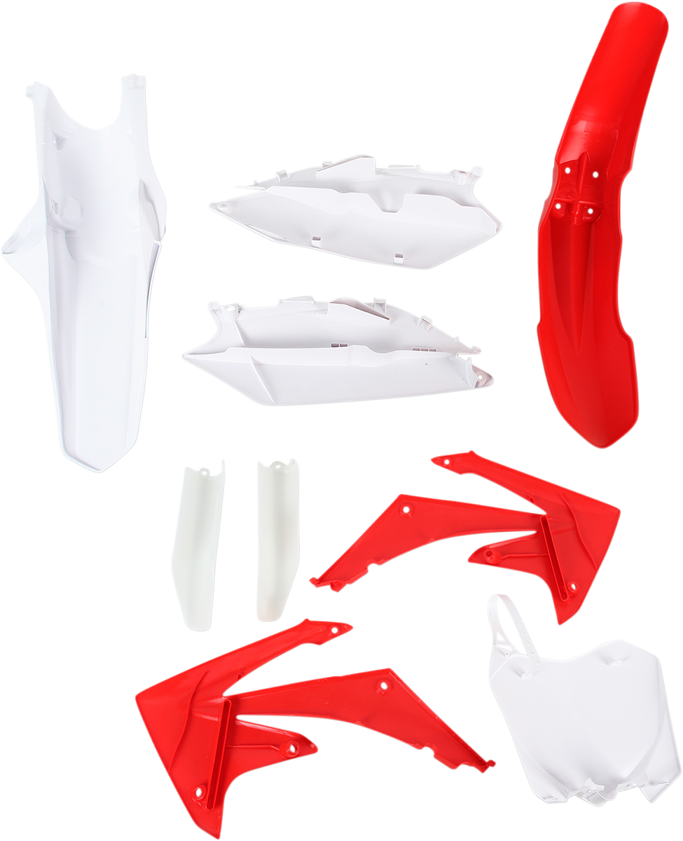 Acerbis full replacement body kit in OEM red and white, designed for motorcycle body panels, with detailed frame and panel views.
