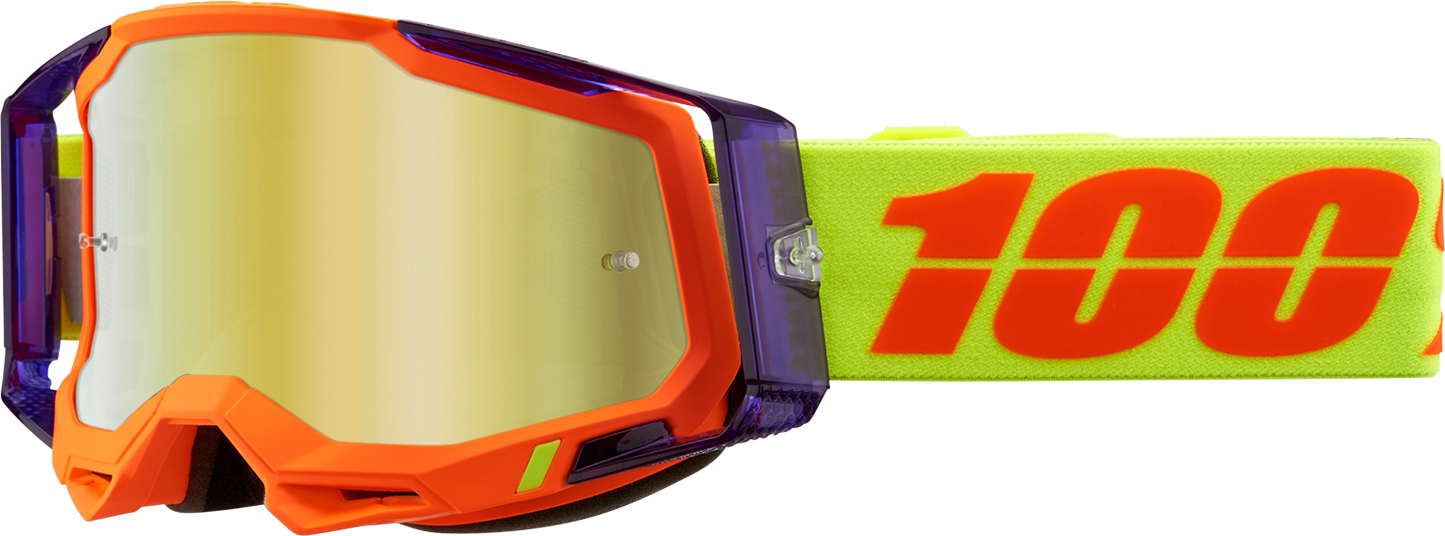 Bill's Exhausts Racecraft 2 Goggles in gold mirror with wide strap and tinted lenses, designed for racing or extreme sports.