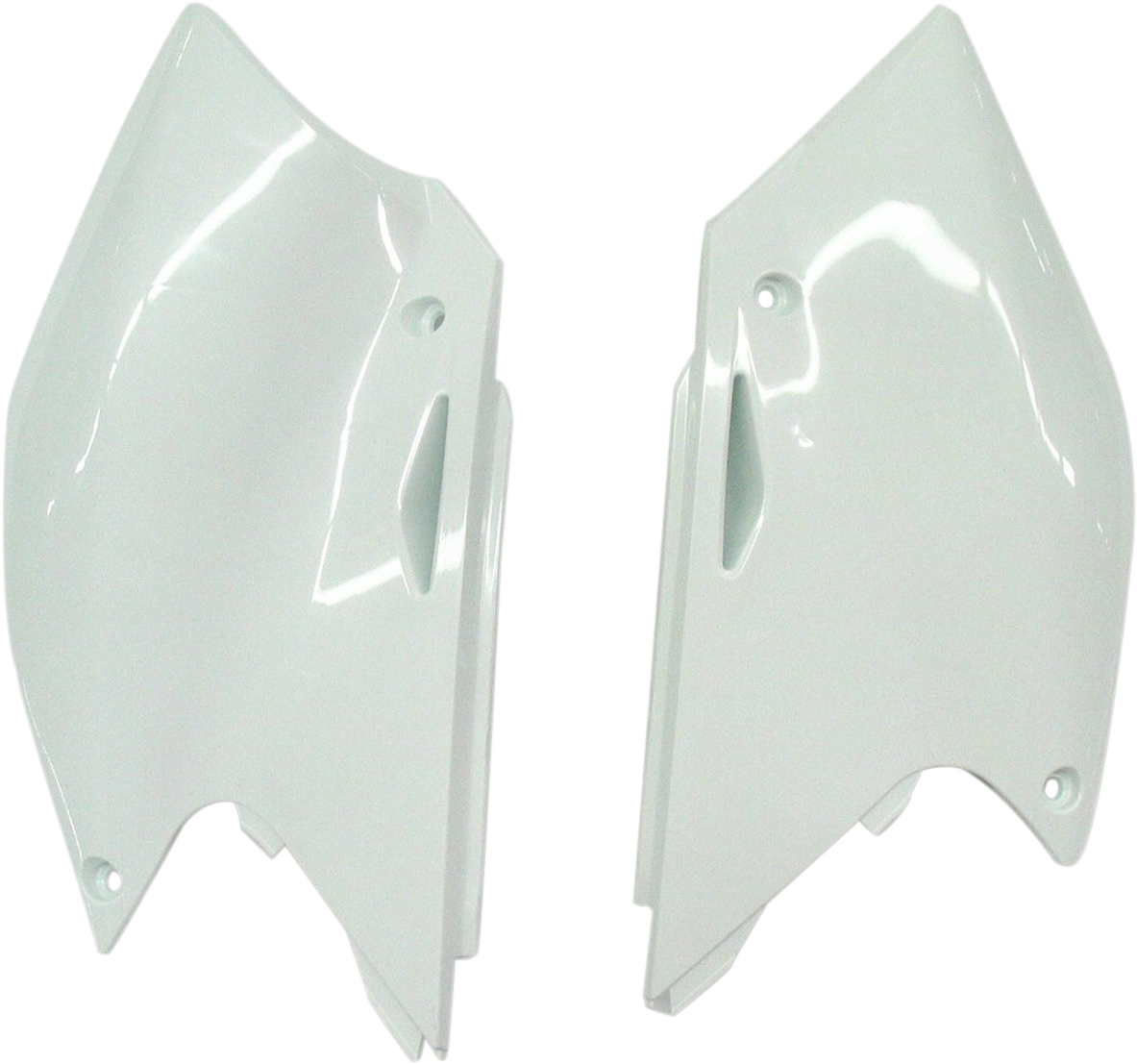 White Acerbis side panels for motorcycle body, designed for compatibility with Bill's Exhausts models, shown in the image.