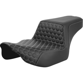 SADDLEMEN Step-Up Seat for FL models, extended reach, honeycomb front design, silver stitching, motorcycle seat by Bill's Exhausts
