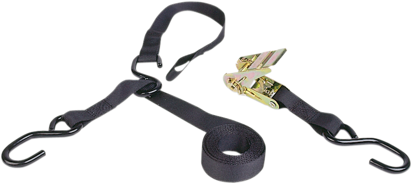 Black AIRHEAD SPORTS GROUP triple hook ratchet tie-down strap, 4" x 8', designed for watercraft security, by Bill's Exhausts.