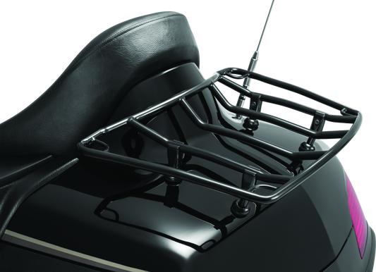 Kuryakyn trunk luggage rack adjustable for Honda Gold Wing and Kawasaki Vulcan 1700 motorcycles, mounted on bike trunk.