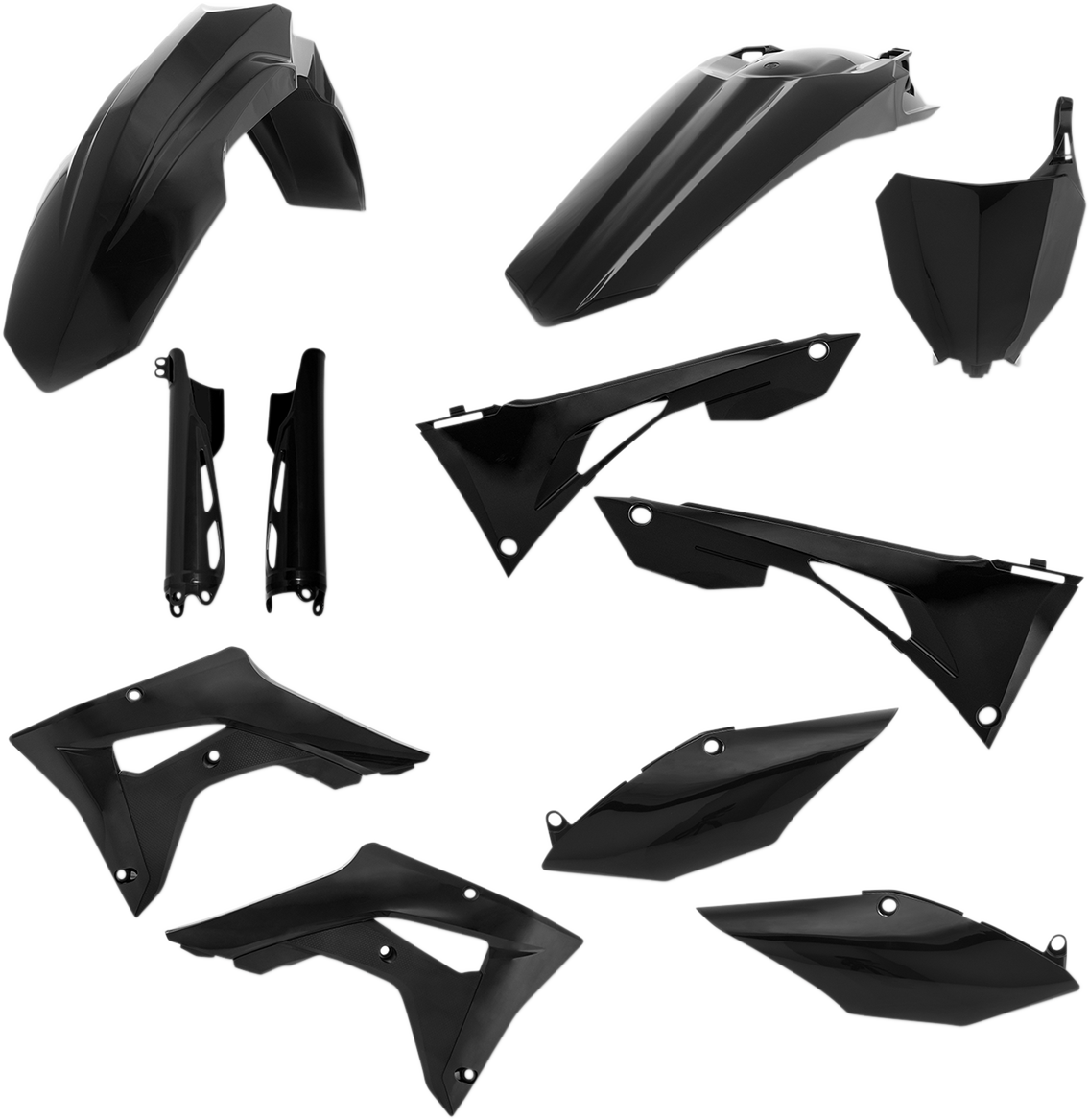 Acerbis black full replacement body kit for motorcycles, featuring sleek, durable plastic panels with integrated design elements