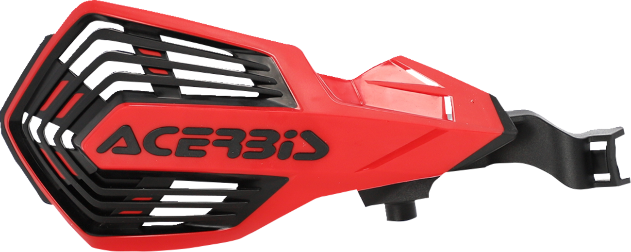 A pair of ACERBIS K-Future red and black motorcycle handguards, designed for protection and style on the handlebars.