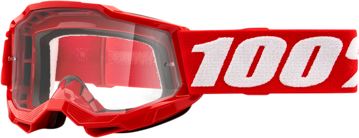 Bill's Exhausts 100% Youth Accuri 2 goggles in red with clear lenses, featuring a sleek design for active sports and outdoor use.