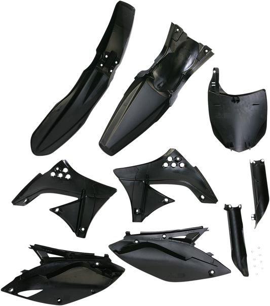 Acerbis full replacement body kit in black for motorcycles, featuring sleek panels and durable construction.