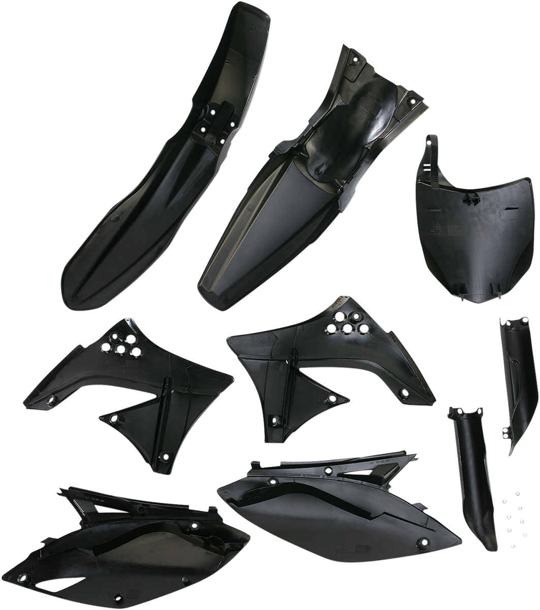 Acerbis full replacement body kit in black for motorcycles, featuring sleek panels and durable construction.