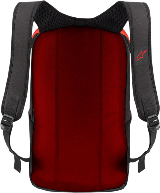 Alpinestars Defcon V2 backpack in black and red, featuring protective gear design with multiple compartments for motorcycle riding.