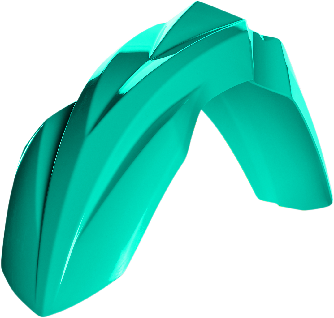 Acerbis teal front fender for motorcycle, displaying the sleek, curved body part with Acerbis branding on a neutral background.