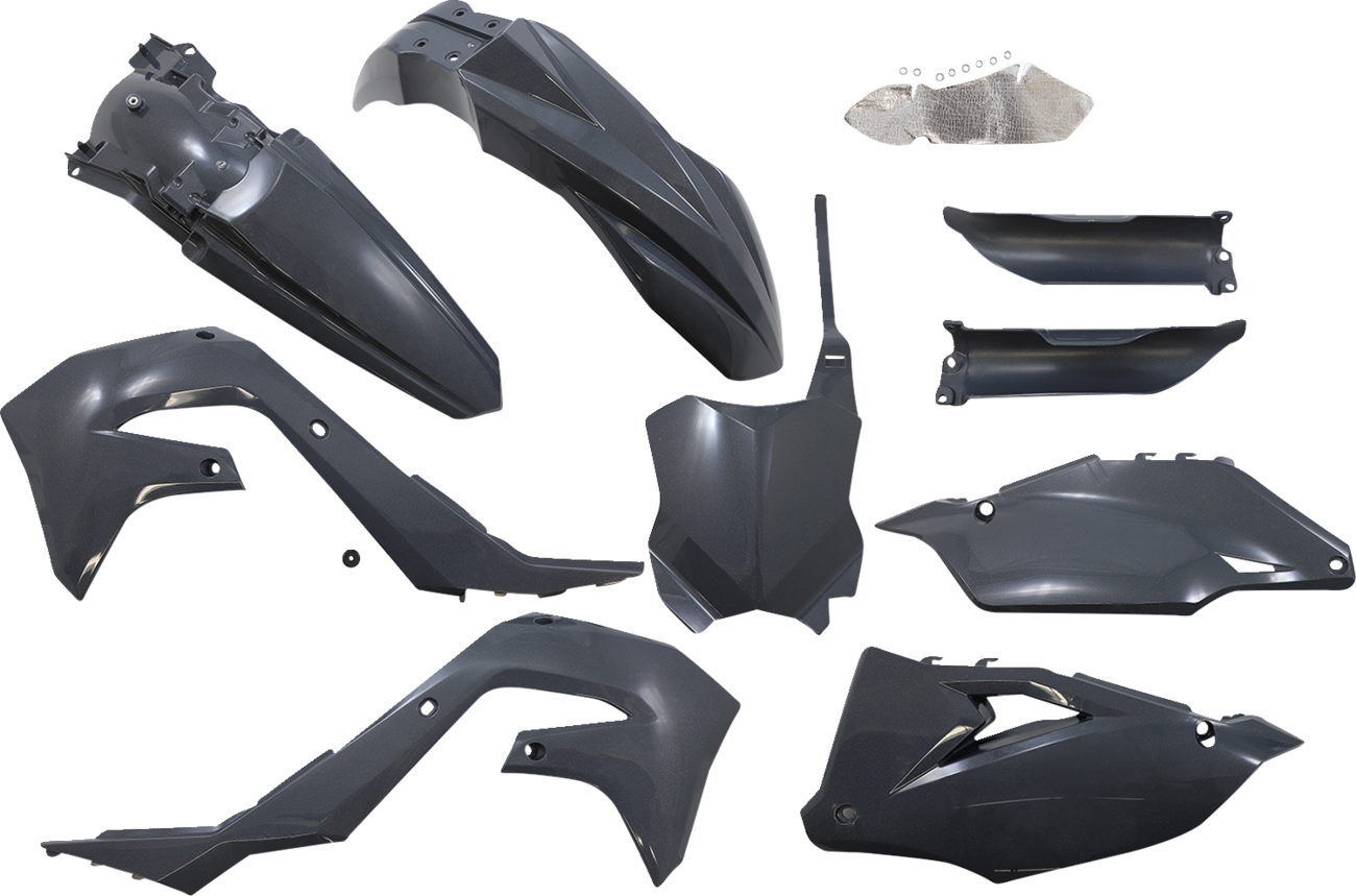 A gray metallic Acerbis full replacement body kit for motorcycles, featuring sleek panels and aerodynamic design.