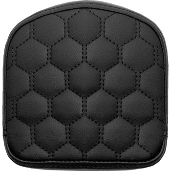 SADDLEMEN RoadSofa™ sissy bar pad in honeycomb black stitching attached to a motorcycle sissy bar.