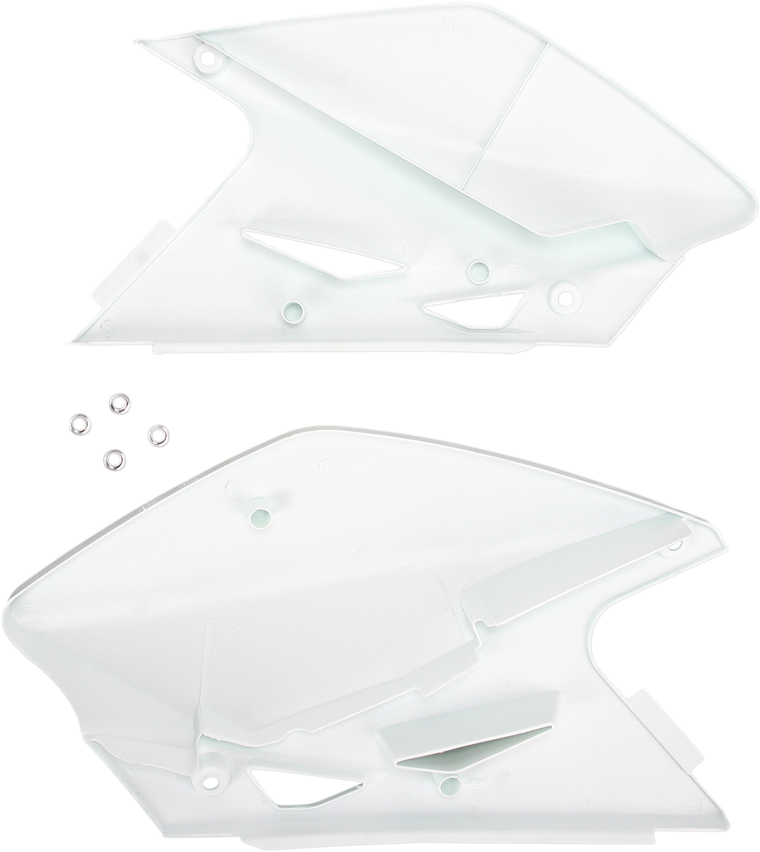 A set of white Acerbis side panels for motorcycle body, designed for fit and style, shown on a clean background.