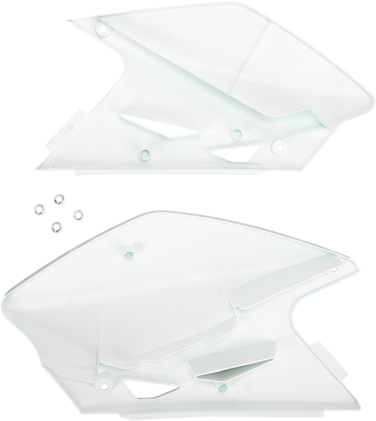 A set of white Acerbis side panels for motorcycle body, designed for fit and style, shown on a clean background.