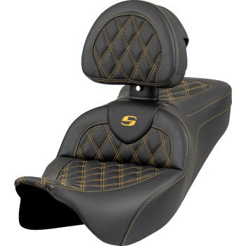 Bill's Exhausts SADDLEMEN Roadsofa™ seat with lattice stitch, gold stitching, and backrest for FL 2008-2023 motorcycle.