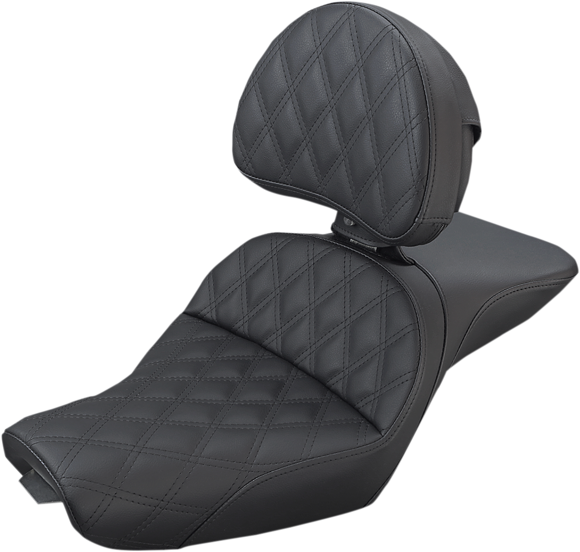 Black Saddlemens Explorer seat with backrest and lattice stitching, designed for XL motorcycles from 2004 to 2020.