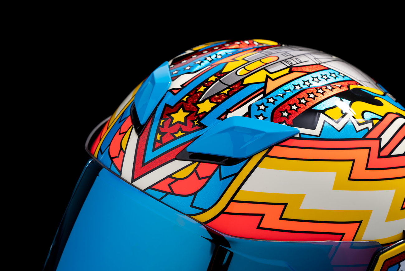 Bill's Exhausts ICON Airflite™ Flyboy helmet in blue, large size, featuring a sleek aerodynamic design and clear visor.