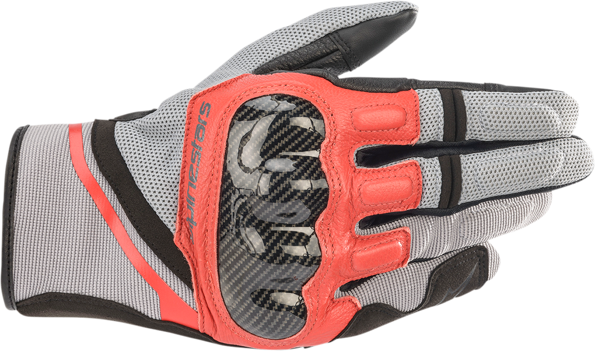 Alpinestars Chrome riding gloves in ash gray, black, and bright red, small size, with protective leather and reinforced knuckles.