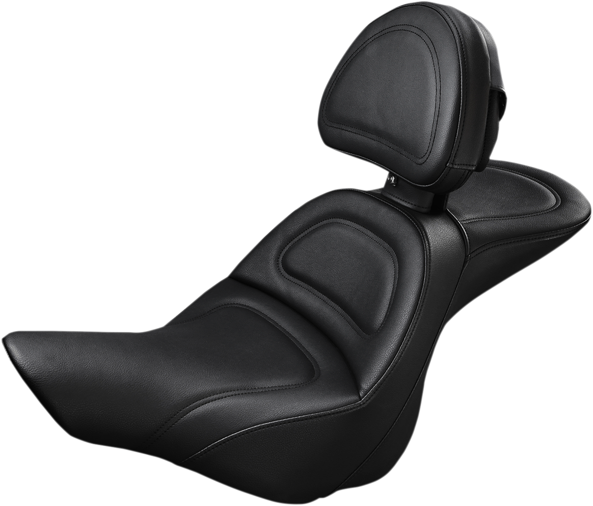 Bill's Exhausts SADDLEMEN Explorer Seat with driver backrest for FXSB 2013-2017 motorcycle, featuring comfortable padding and sleek design.