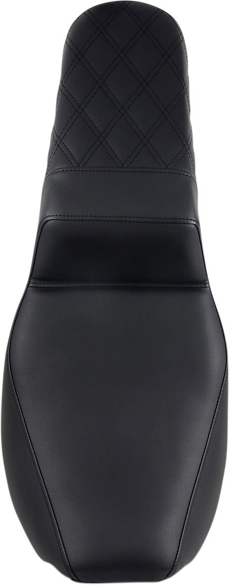 Black Saddlemens Step-Up Rear Seat with lattice stitch detail, designed for motorcycle comfort and style.