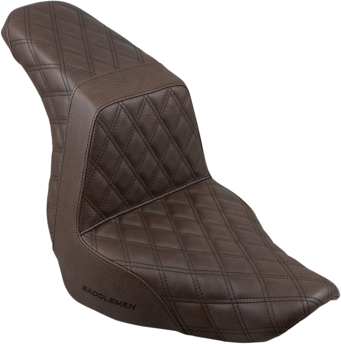 Bill's Exhausts SADDLEMEN Step-Up Seat in brown with full lattice stitch for motorcycles.