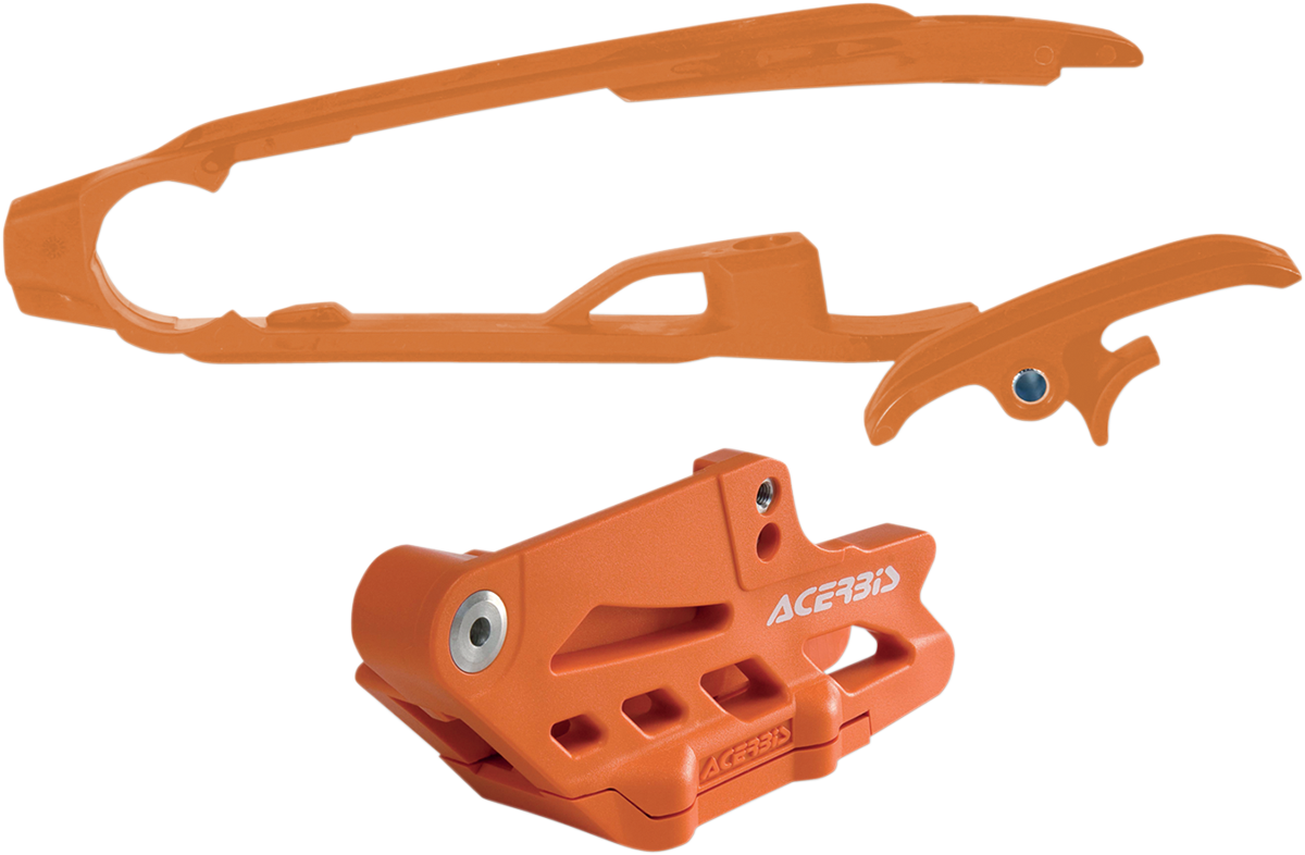 Orange Acerbis chain guide and slider kit for KTM motorcycles, mounted on bike with visible chain and body components.