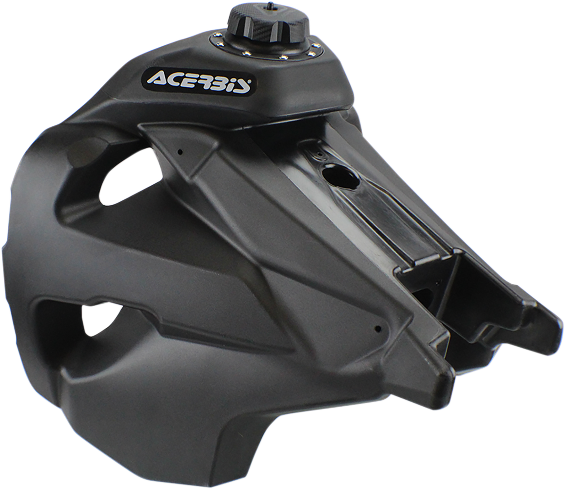 A black Acerbis gas tank for KTM motorcycles, 4.1 gallons capacity, mounted on a bike body with visible brand details.