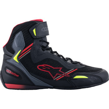 Alpinestars Faster-3 Rideknit® motorcycle shoes in black, red, and yellow, US 12.5, with breathable knit upper and sporty design