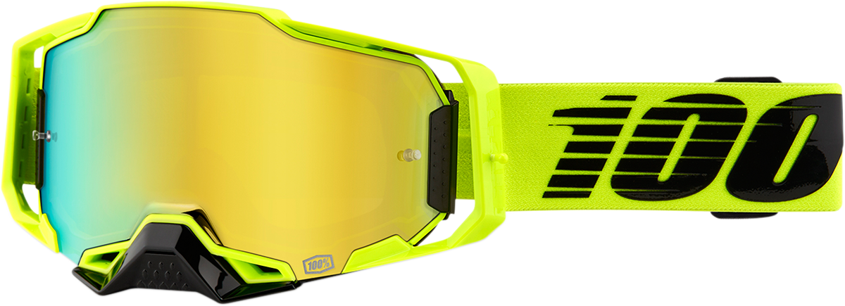 Bill's Exhausts 100% Armega Goggles in Nuclear Citrus with gold mirror lenses, showing sleek, curved design and reflective surface.