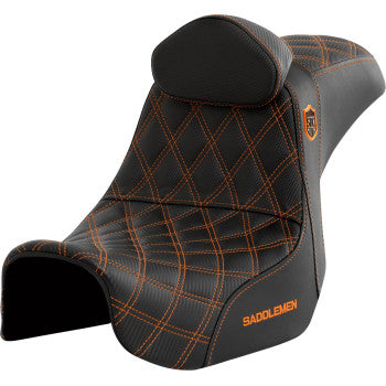 SADDLEMEN Pro Series SDC performance motorcycle seat with backrest, orange stitching, designed for Harley Dyna '06-'17.