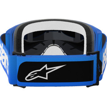 Alpinestars Vision 5 Goggles in blue with blue mirror lens, featuring a sleek design and adjustable strap for motorcycle riding.
