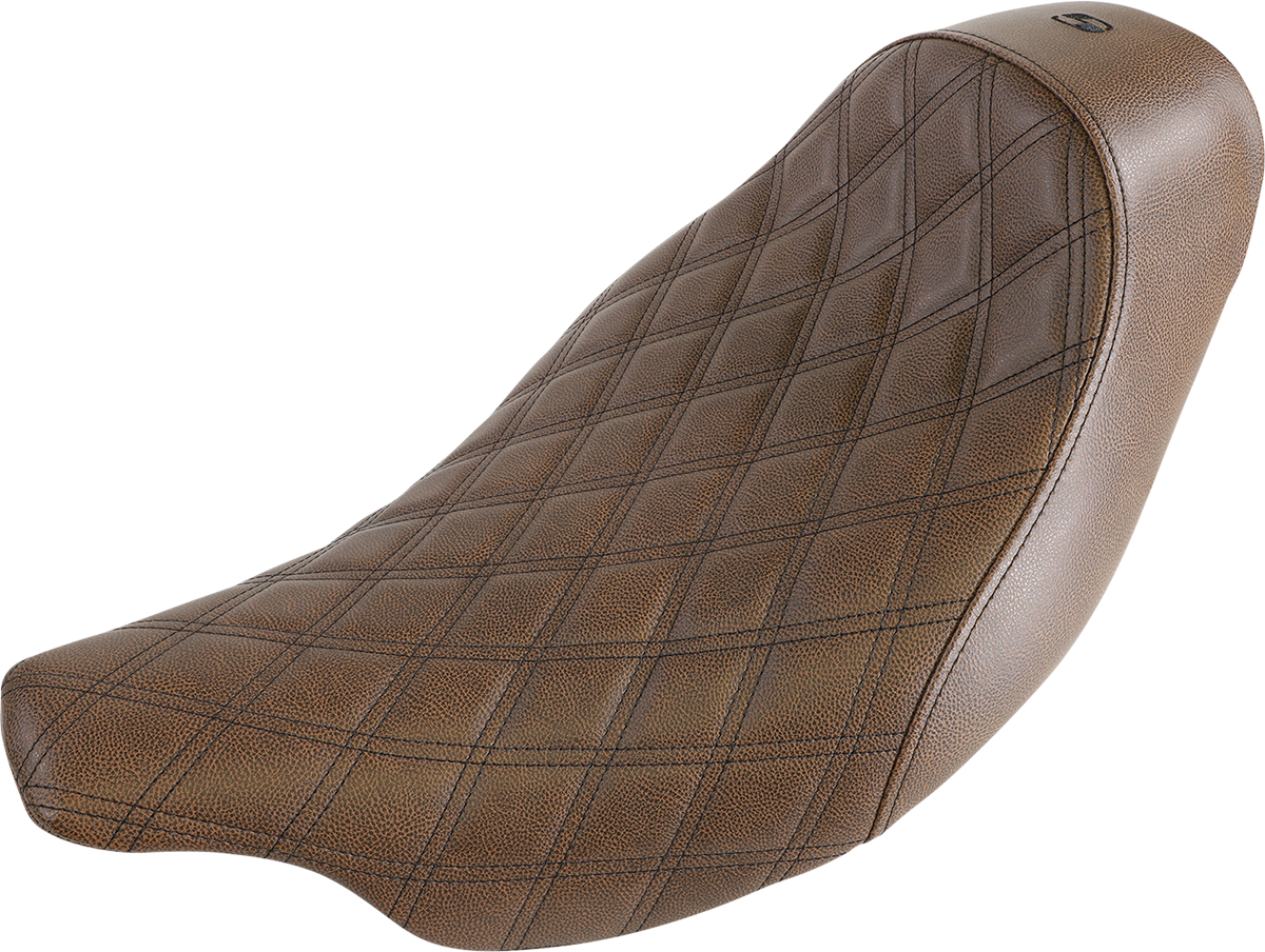 Brown SADDLEMEN Renegade Solo Seat with lattice stitching for 2008-2023 Harley FL models, designed for comfortable riding.