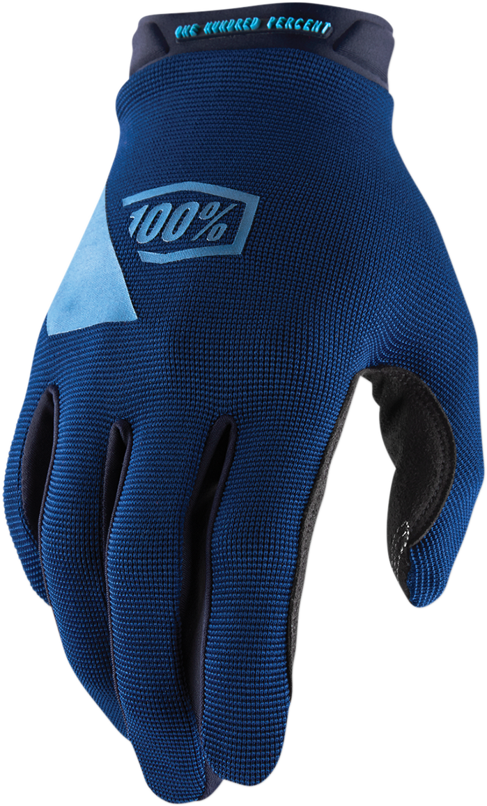 Bill's Exhausts Ridecamp gloves in navy, medium size, showing the padded cycling gloves with textured palm and adjustable wrist strap.