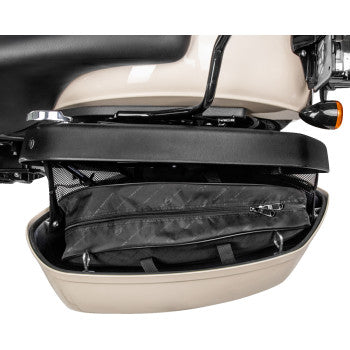 Bill's Exhausts Saddlemen saddlebag liners for FXLRST motorcycle, showing durable fabric and secure attachment features.