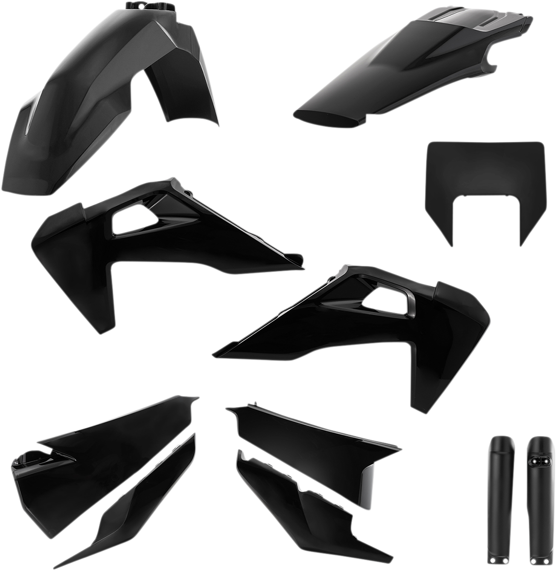 A black Acerbis full replacement body kit for motorcycles, featuring sleek, durable plastic panels designed for easy installation.