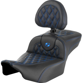 Bill's Exhausts SADDLEMEN Roadsofa™ extended reach motorcycle seat with backrest, lattice stitch, blue stitching for FLTR/FLHX 2023-2024