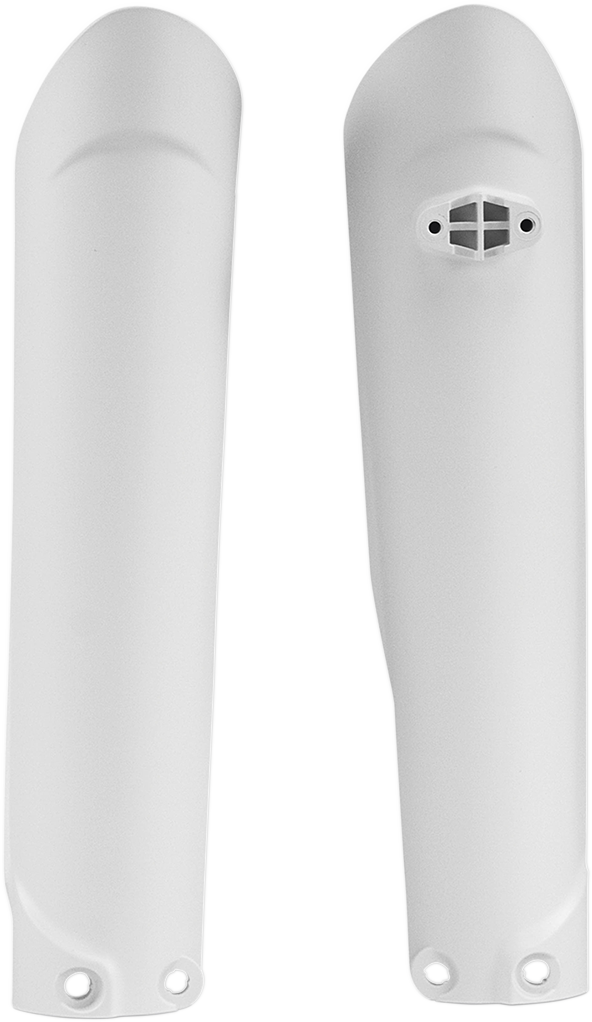 White Acerbis lower fork covers for inverted forks, designed for motorcycle suspension protection, by Bill's Exhausts.