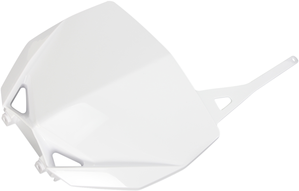 White Acerbis front number plate for motorcycle, body part with mounting holes, designed for durable motorcycle body protection.