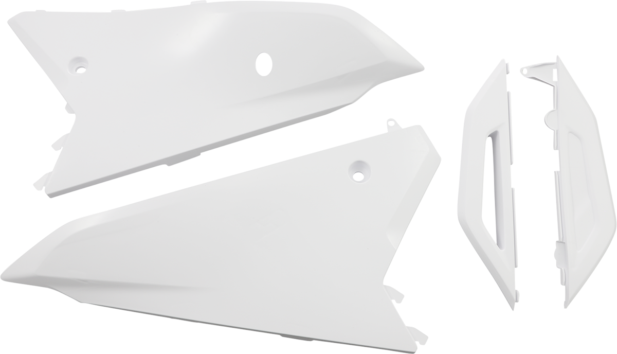 Acerbis white side panels for motorcycle body, shown in close-up with detailed surface texture and branding.