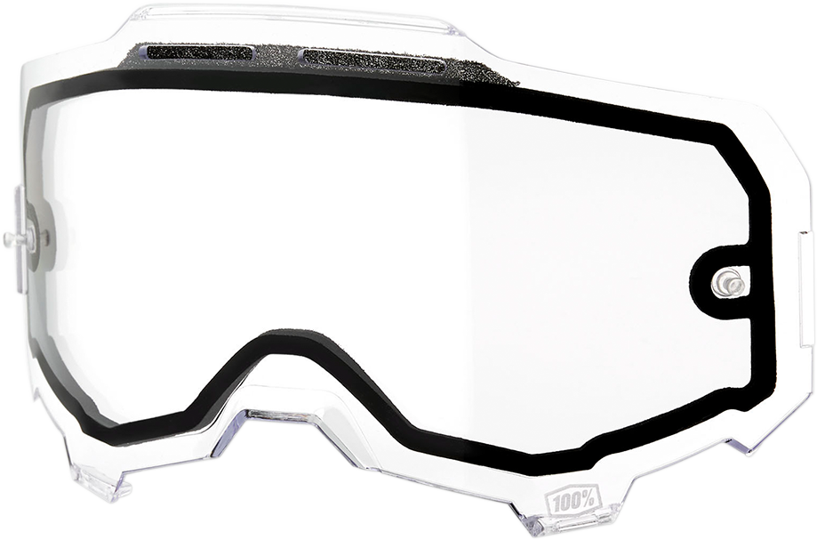 Clear 100% Armega dual lens vented lens for motorcycle helmets by Bill's Exhausts, shown with venting features and transparent material.