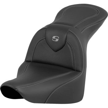 SADDLEMEN RoadSofa™ seat with carbon fiber finish for FLFB/FXBR 2018-2024, shown without driver backrest on motorcycle seat