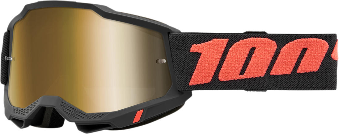 Bill's Exhausts 100% Accuri 2 Borego Gold goggles with tinted lenses and adjustable strap for motorcycle or motocross riding.