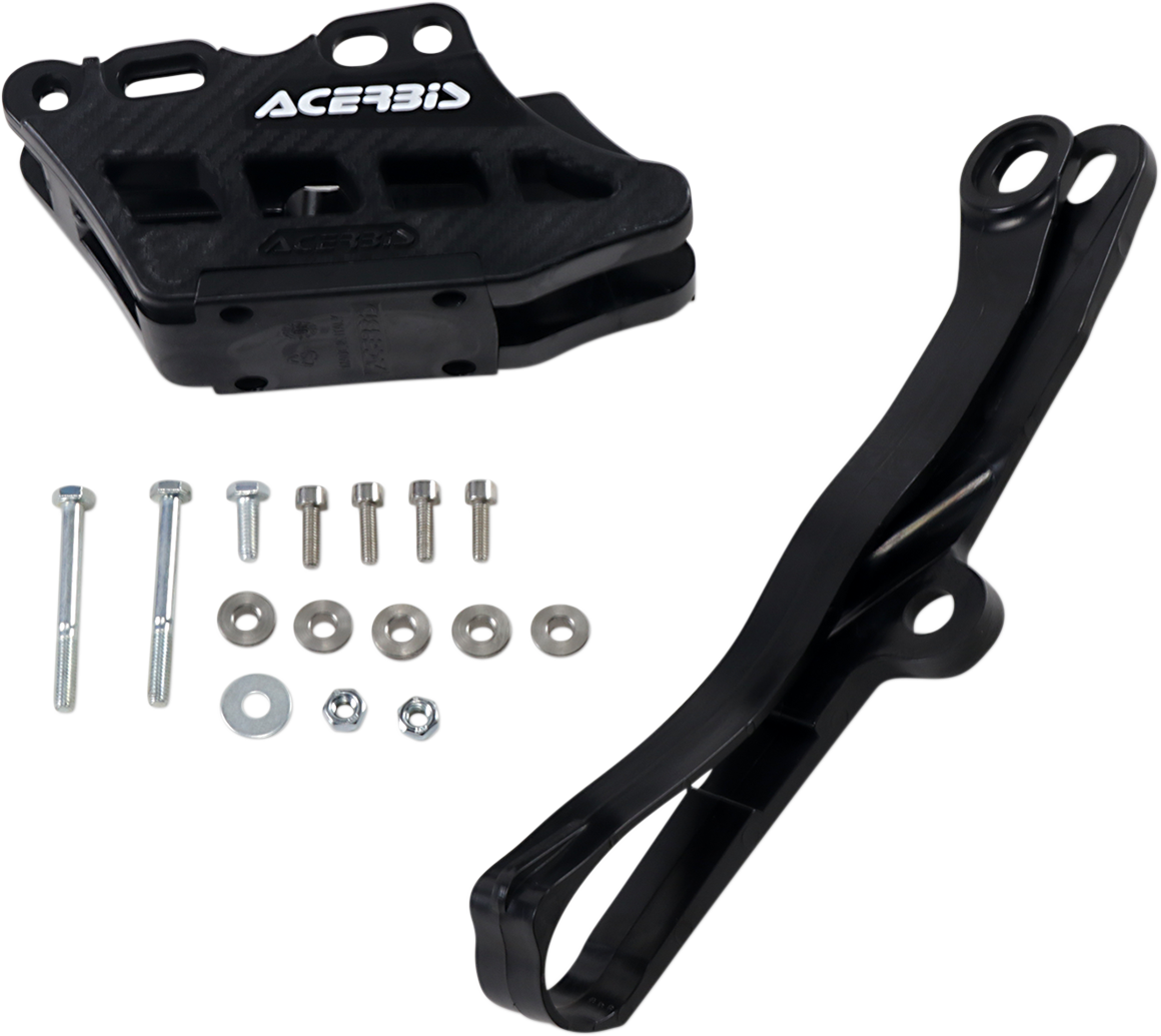 A black Acerbis Chain Guide 2.0 and Slider Kit for Kawasaki motorcycles, shown installed on the bike's chain and swingarm.