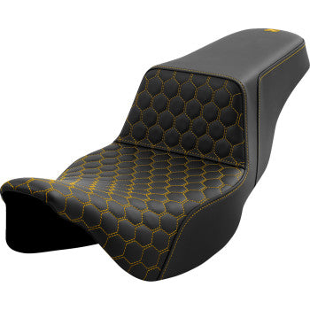 Bill's Exhausts SADDLEMEN Step-Up Seat in honeycomb with gold stitching, extended reach design for FL models 2008-2023.