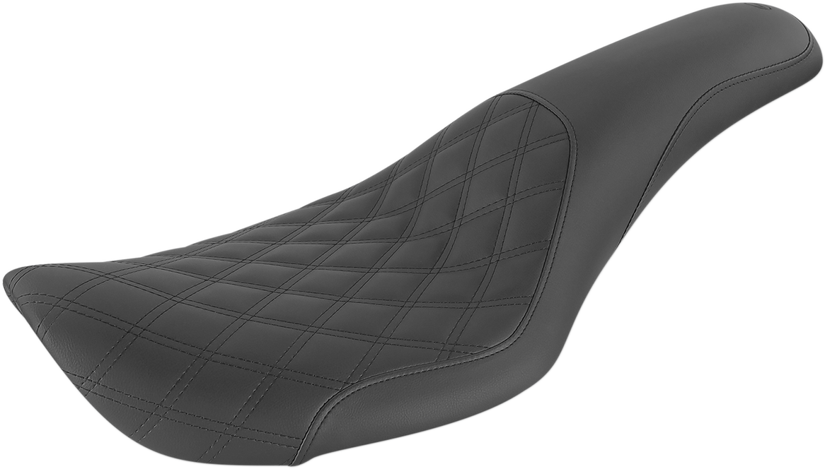 Black SADDLEMEN Profiler motorcycle seat with front lattice and rear smooth design for Harley FXDWG models, by Bill's Exhausts.