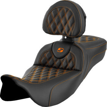SADDLEMEN Roadsofa™ extended reach motorcycle seat with lattice and orange stitching, backrest, for Harley FL models 2008-2023.
