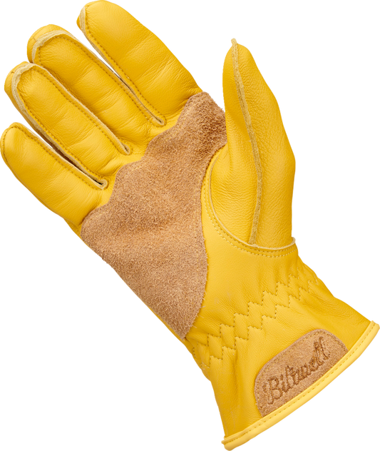 Bill's Exhausts BILTWELL Work 2.0 Gloves in gold, large size, showing durable leather construction and secure wrist strap.