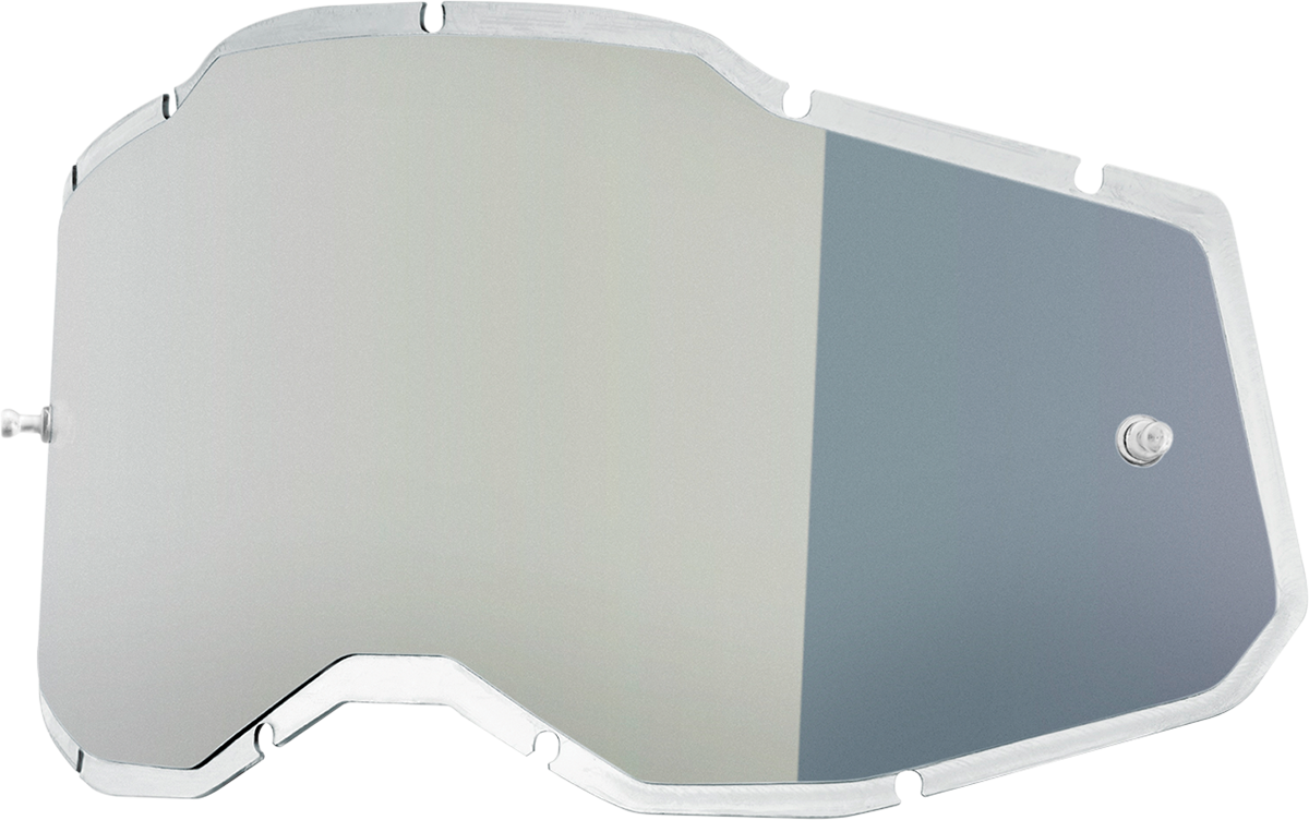 Bill's Exhausts silver injected lens for Accuri 2, Racecraft 2, and Strata 2 helmets, shown in close-up image.